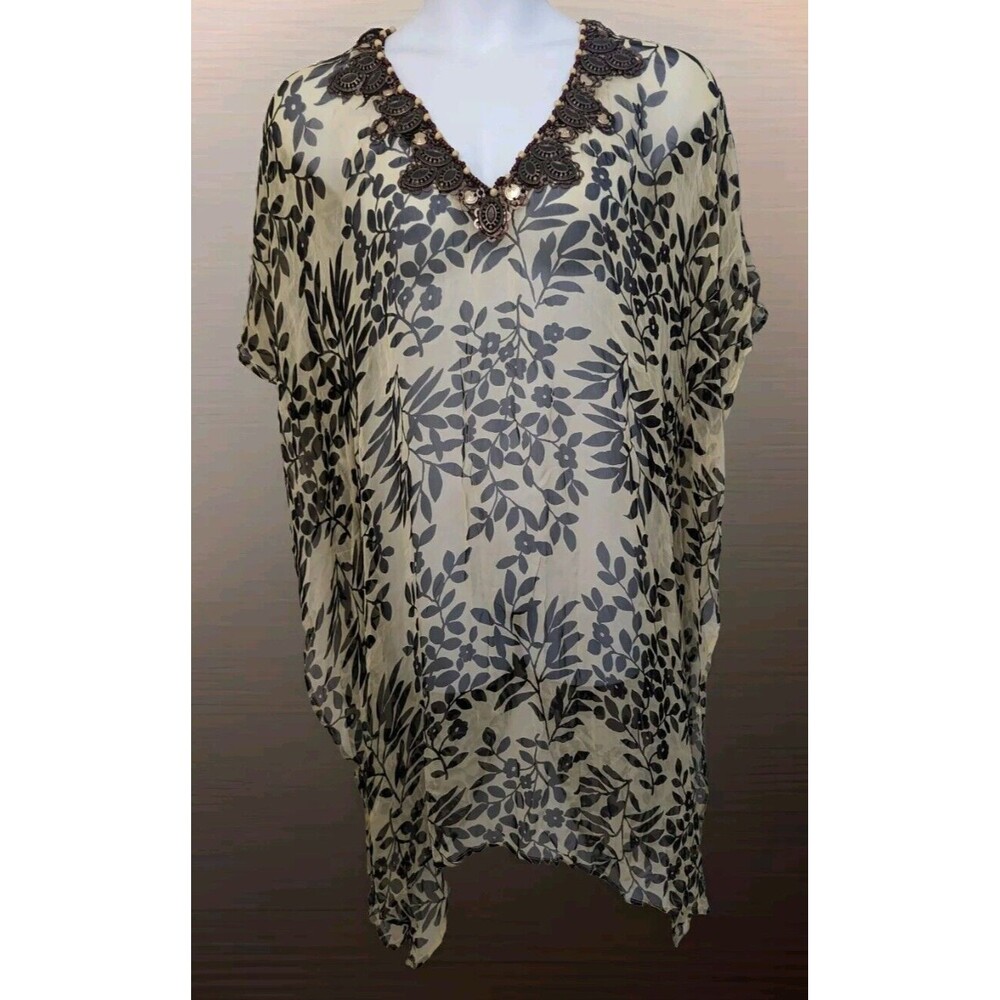 Women's Skemo Beaded Kaftan Mini Dress Swim Cover Up Size XL Floral Print